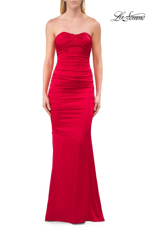 Blue Picture of: Strapless Satin Gown with Ruching and Lace-Up Back in Red, Style: 33654, Detail Picture 6