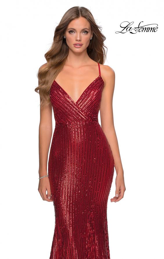 Picture of: Metallic Sequined Mermaid Dress with Lace Up Back in Red, Style: 28469, Detail Picture 7