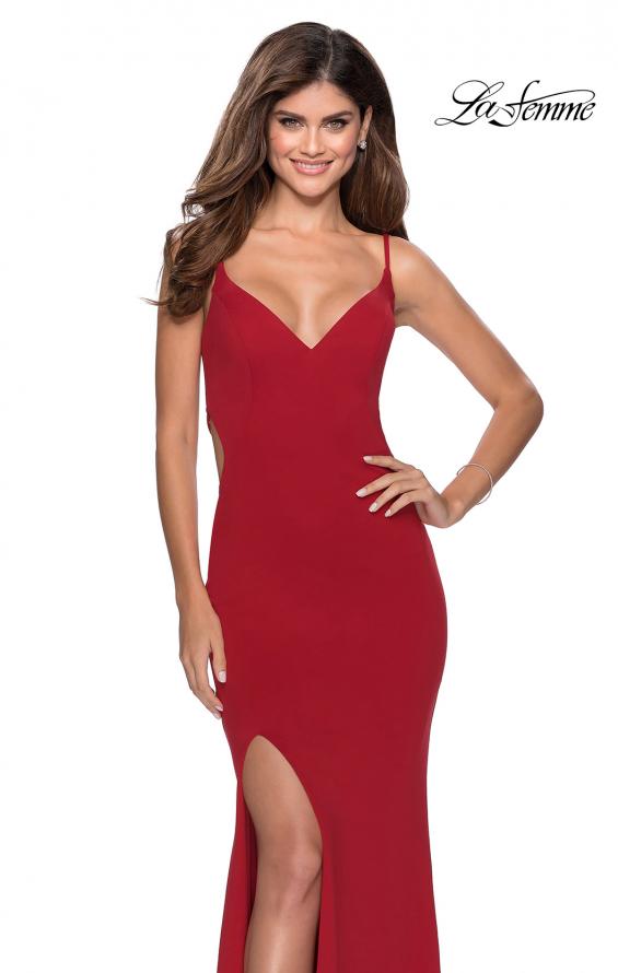 Picture of: Long Jersey Prom Dress with Cut Out Open Back in Red, Style: 28567, Detail Picture 7