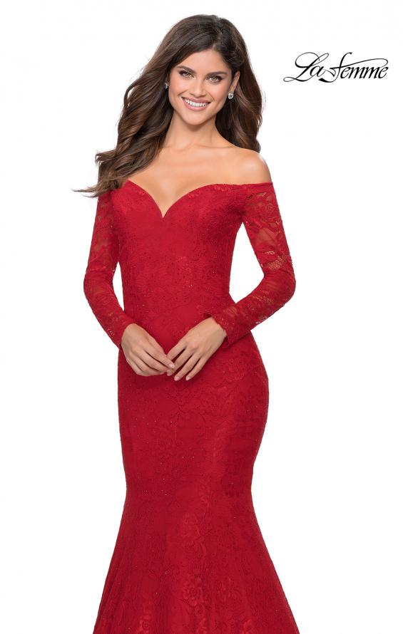 Picture of: Off the Shoulder Lace Long Sleeve Prom Dress in Red, Style: 28569, Detail Picture 7