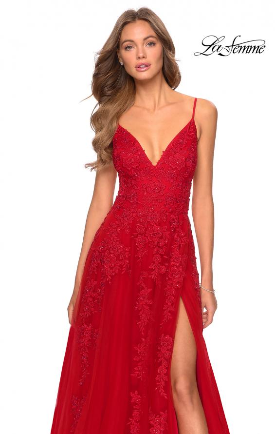 Picture of: Tulle Prom Dress with Floral Detail and Side Slit in Red, Style: 28985, Detail Picture 7