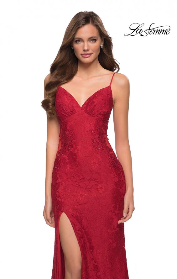 Picture of: Sleek Lace Long Dress with Sheer Sides and Open Back in Red, Style 29694, Detail Picture 7
