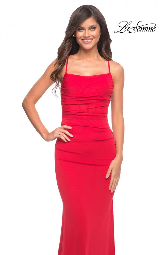 Picture of: Ruched Net Jersey Gown with Square Neckline in Red, Style: 30493, Detail Picture 7