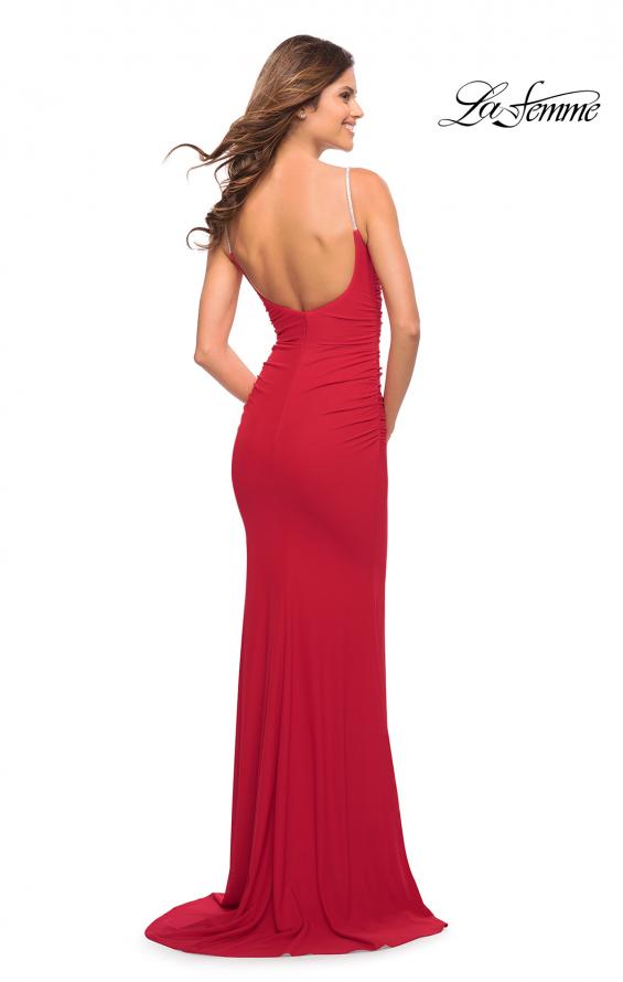 Picture of: Net Jersey Long Dress with Ruching and Diamond Straps in Red, Style: 30701, Detail Picture 7