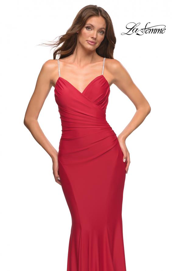 Picture of: Rhinestone Strap Elegant Ruched Jersey Dress in Red, Style: 30712, Detail Picture 7