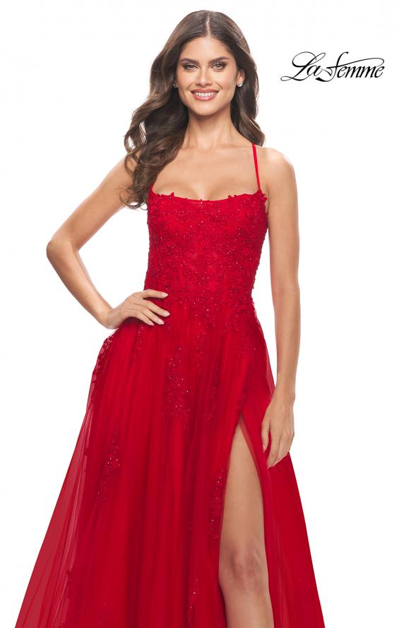 Picture of: A-line Tulle Gown with Floral Embroidery and Pockets in Red, Style: 31135, Detail Picture 7