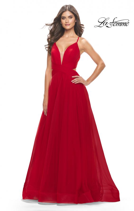 Picture of: Tulle Ball Gown with Side Cut Outs and High Slit in Red, Style: 31347, Detail Picture 7