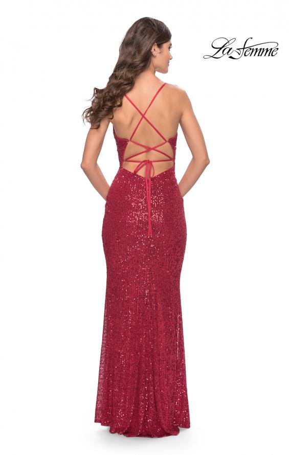 Picture of: Sequin Stretch Long Prom Dress with Banded Waist in Red, Style: 31409, Detail Picture 7