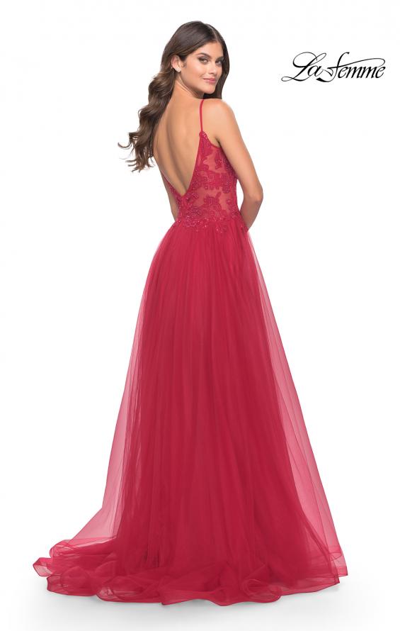 Picture of: A Line Tulle Gown with Lace Bodice and V Back in Red, Style: 31507, Detail Picture 7