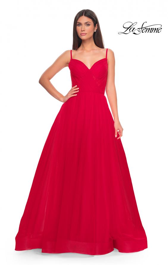 Picture of: Simple Tulle A-LIne Prom Dress with Ruched Illusion Bodice in Red, Style: 32130, Detail Picture 7