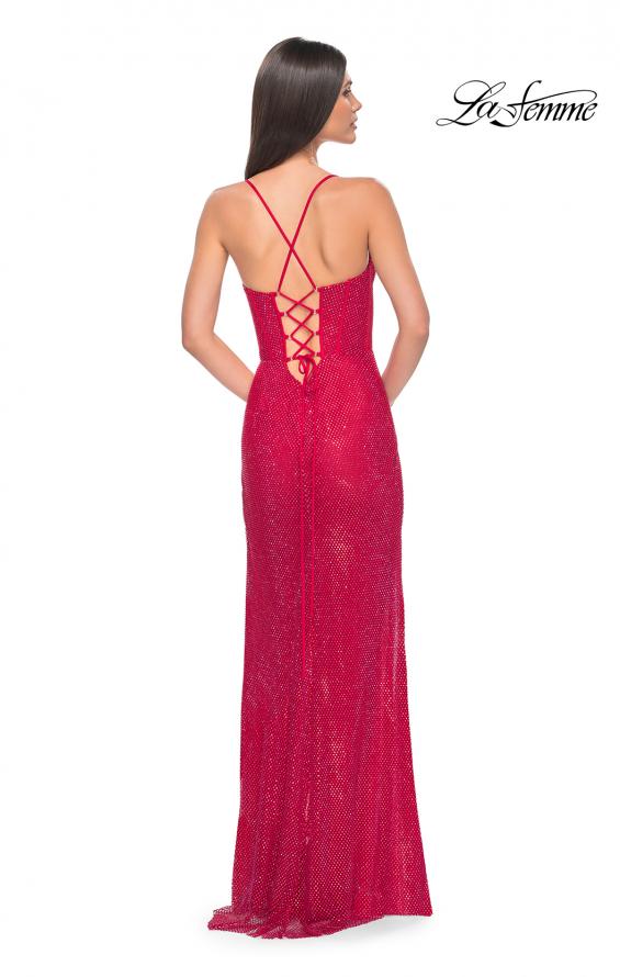 Picture of: Fishnet Rhinestone Prom Dress with Bustier Top and High Slit in Red, Style: 32210, Detail Picture 7