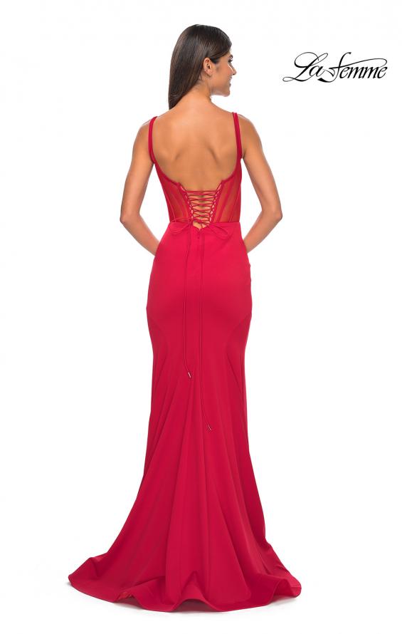Picture of: Mermaid Jersey Gown with Bustier Top and Lace Up Back in Red, Style: 32268, Detail Picture 7