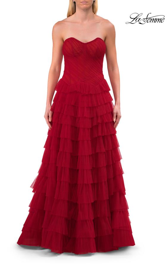 Picture of: Strapless Tiered Ruffle Gown with Pleated Bodice and Front Slit in Red, Style: 33202, Detail Picture 7