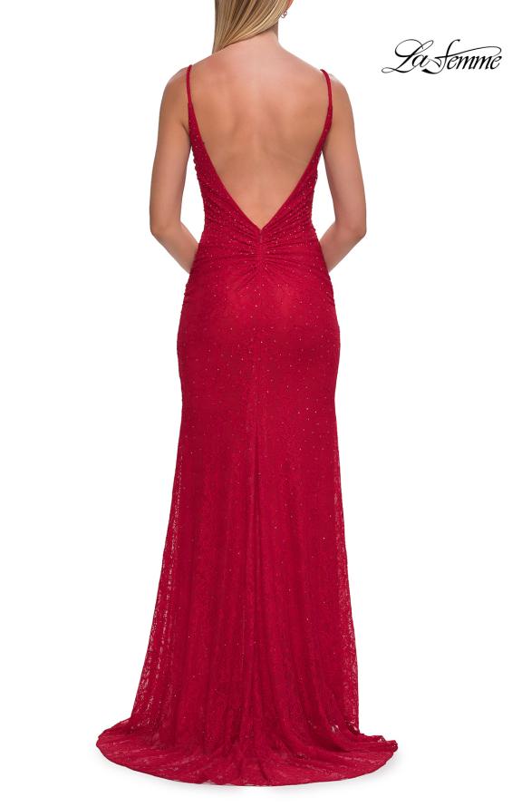 Picture of: Fitted Lace Gown with Plunging Neckline, Ruching, and High Slit in Red, Style: 33293, Detail Picture 7