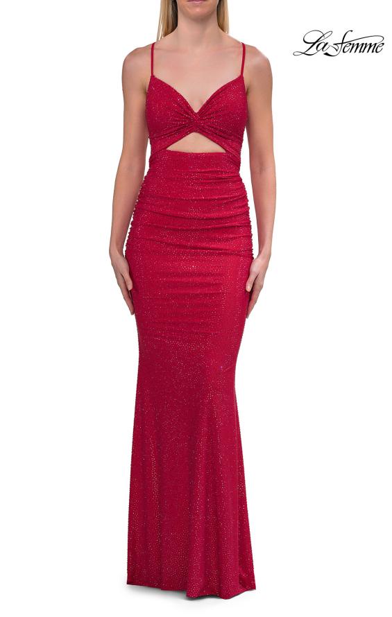 Picture of: Ruched Rhinestone Fitted Gown with Cutout Bodice and Lace-Up Back in Red, Style: 33338, Detail Picture 7