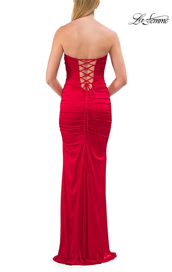Blue Picture of: Strapless Satin Gown with Ruching and Lace-Up Back in Red, Style: 33654, Detail Picture 7