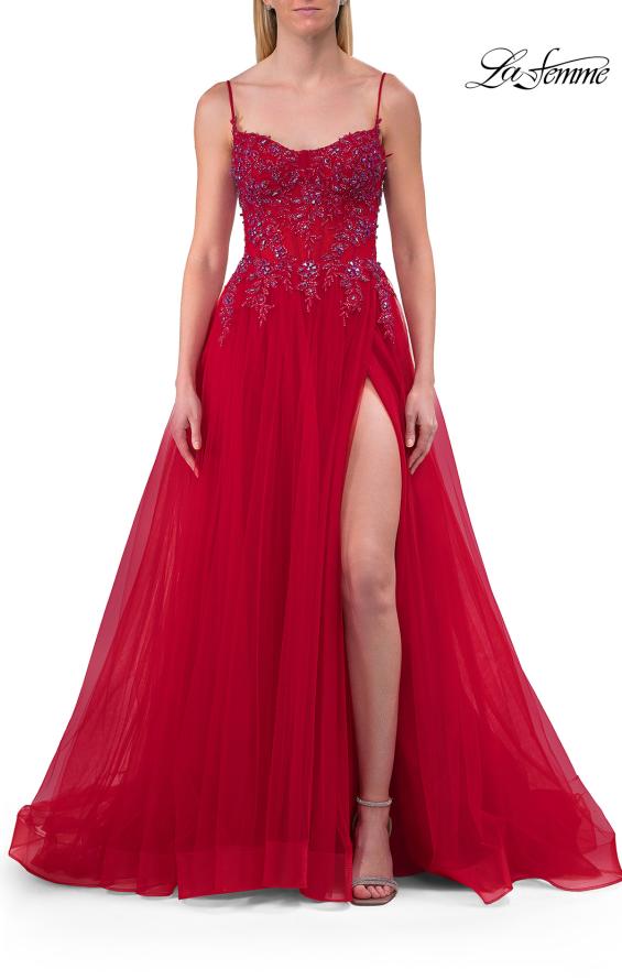 Picture of: Beaded Tulle A-Line Gown with Sheer Corset Bodice in Red, Style: 33702, Detail Picture 7