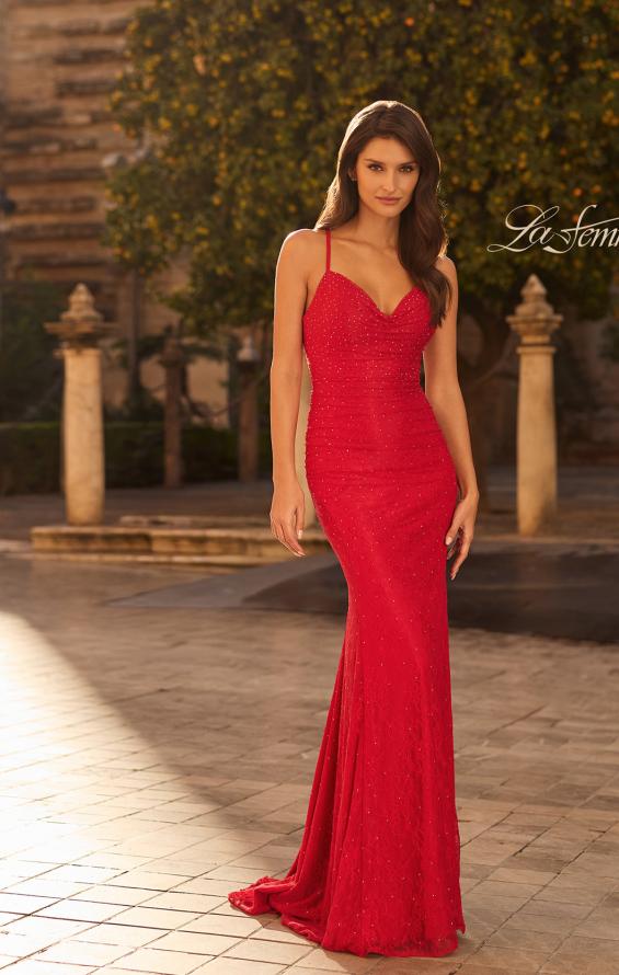 Picture of: Rhinestone Lace Gown with Crisscross Open Back in Red, Style: 33733, Detail Picture 7, Landscape