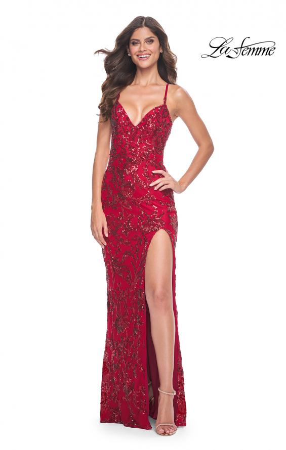 Picture of: Print Sequin Long Prom Dress with Lace Up Back in Red, Style: 31933, Detail Picture 8