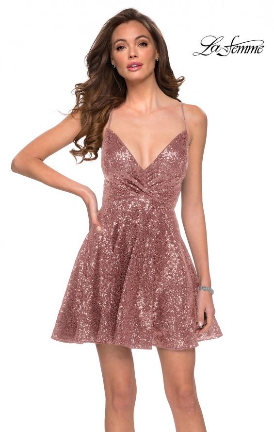 Picture of: Sequin Fit and Flare Dress with Lace Up Back in Rose Gold, Style: 29240, Detail Picture 1