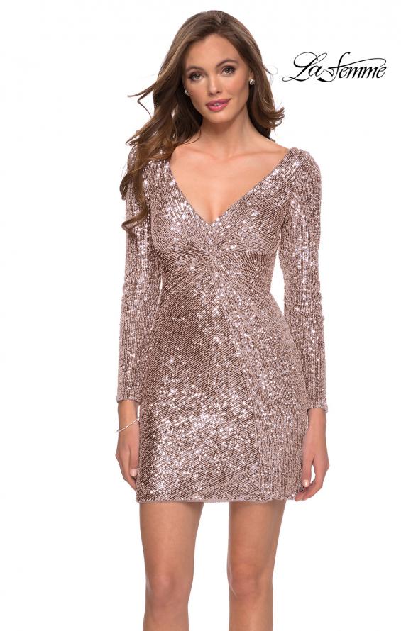 Picture of: Long Sequin Sequin Homecoming Dress with V-Neck in Rose Gold, Style: 29390, Detail Picture 1