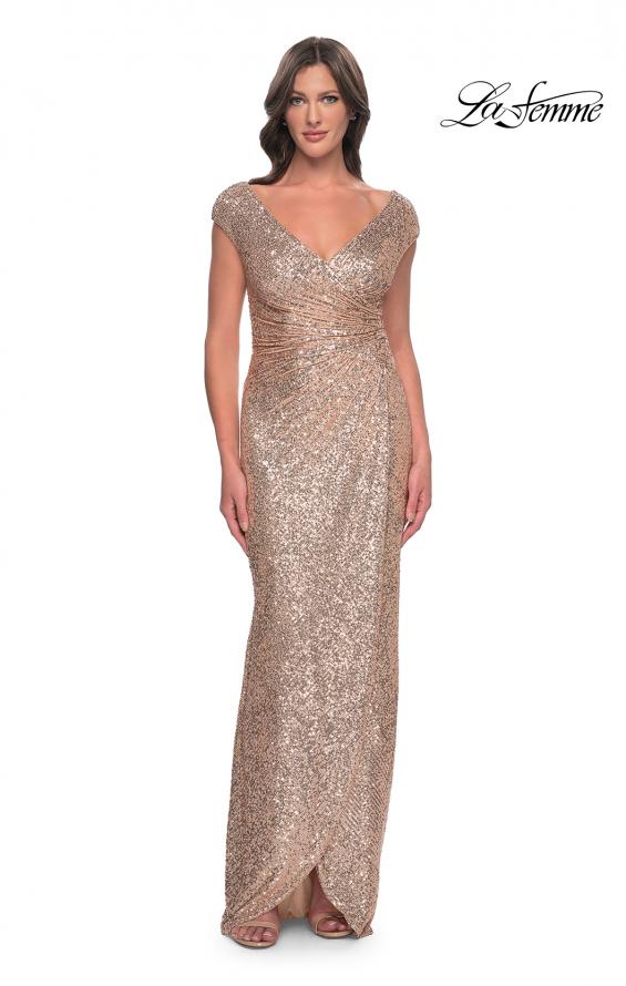 Picture of: Sequin Evening Dress with Ruching and V Neckline in Rose Gold, Style: 30865, Main Picture