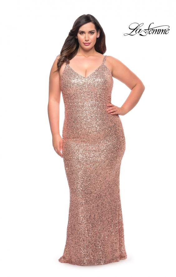 Picture of: V Neck Sequin Plus Size Long Gown in Rose Gold, Style: 29546, Detail Picture 1