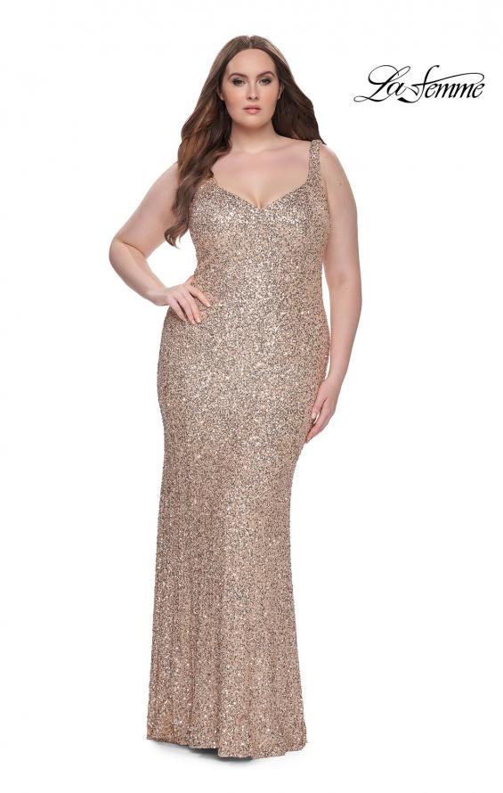 Picture of: Fitted Stretch Sequin Plus Size Dress with V Neck in Rose Gold, Style: 31163, Detail Picture 1