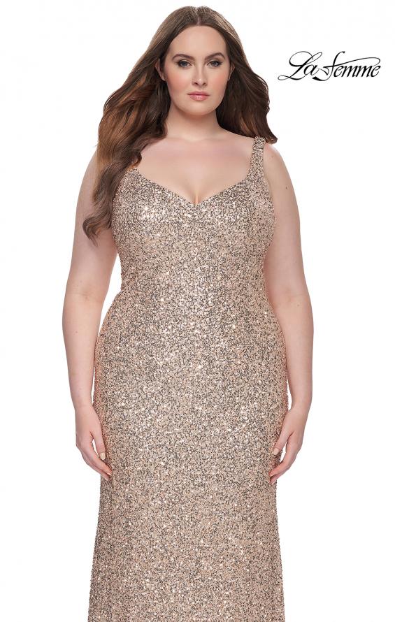 Picture of: Fitted Stretch Sequin Plus Size Dress with V Neck in Rose Gold, Style: 31163, Detail Picture 7