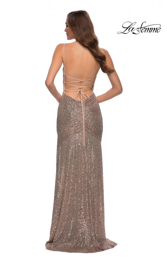 Picture of: Lace Up Back Sequin Gown with Flare Skirt in Rose Gold, Style 29741, Back Picture