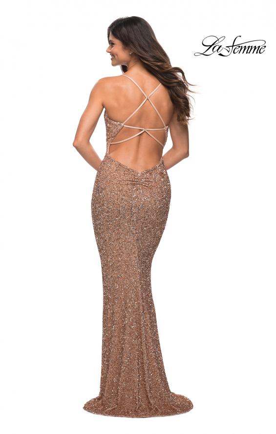 Picture of: Soft Sequin Long Gown with Lace Up Back in Rose Gold, Back Picture