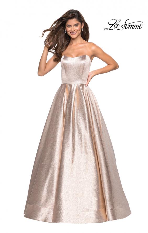 Picture of: Long Metallic Strapless A Line Ball Gown in Rose Gold, Style: 27280, Detail Picture 1