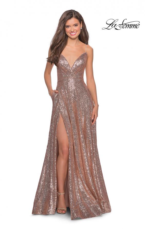 Picture of: Sequin A-line Prom Dress with Slit and Pockets in Rose Gold, Style: 28276, Detail Picture 6