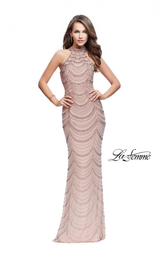 Picture of: Long Metallic Beaded High Neck Prom Dress in Rose Gold, Style: 25930, Main Picture