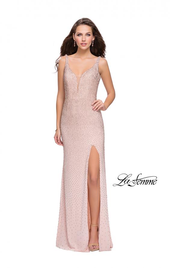 Picture of: Form Fitting Prom Dress with Metallic Beading and Slit in Rose Gold, Style: 25931, Main Picture