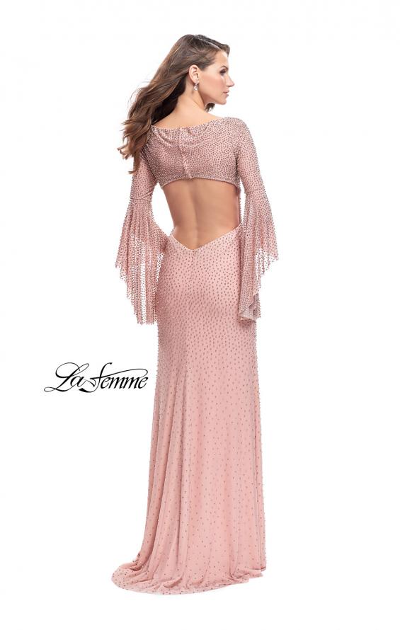 Picture of: Beaded Prom Dress with 3/4 Bell Sleeves and Leg Slit in Rose Gold, Style: 25717, Back Picture