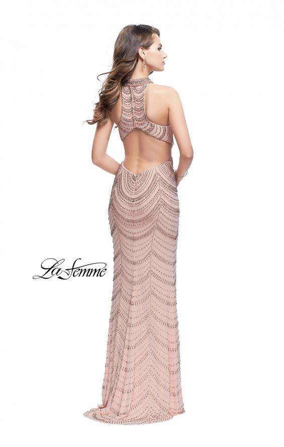 Picture of: Long Metallic Beaded High Neck Prom Dress in Rose Gold, Style: 25930, Back Picture
