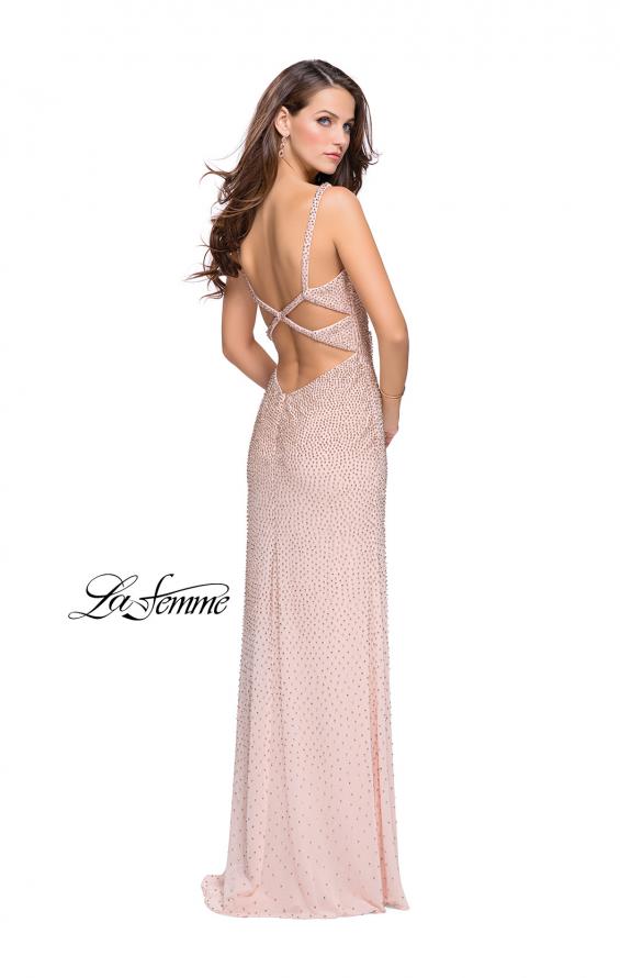 Picture of: Form Fitting Prom Dress with Metallic Beading and Slit in Rose Gold, Style: 25931, Back Picture