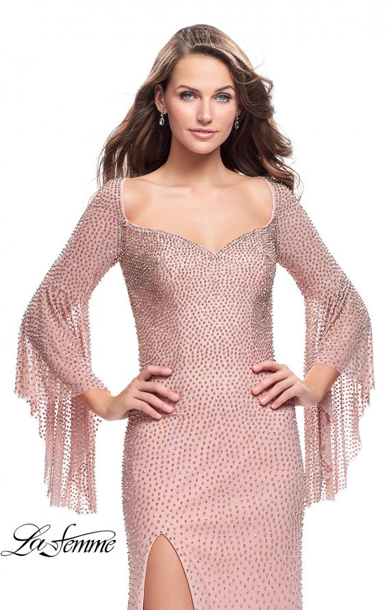 Picture of: Beaded Prom Dress with 3/4 Bell Sleeves and Leg Slit in Rose Gold, Style: 25717, Detail Picture 1