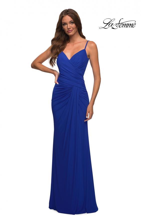Picture of: Net Jersey Long Ruched Gown with Slit and Open Back in Royal Blue, Detail Picture 5