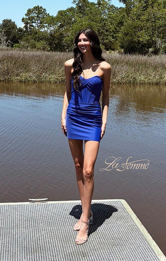 Blue Picture of: Strapless Ruched Cutout Mini Dress in Royal Blue, Style: 33183, Main Picture