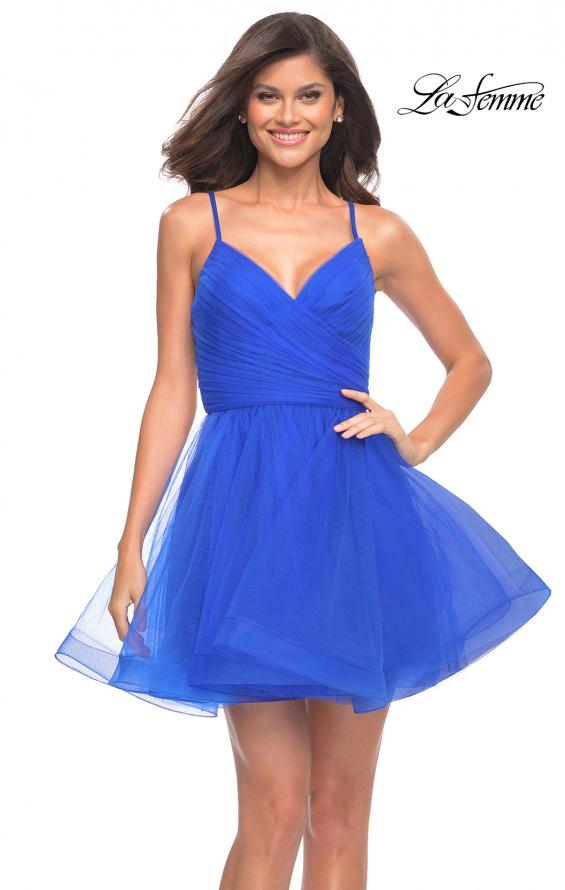 Picture of: Short Fit and Flare Tulle Dress with Open Back in Royal Blue, Detail Picture 2