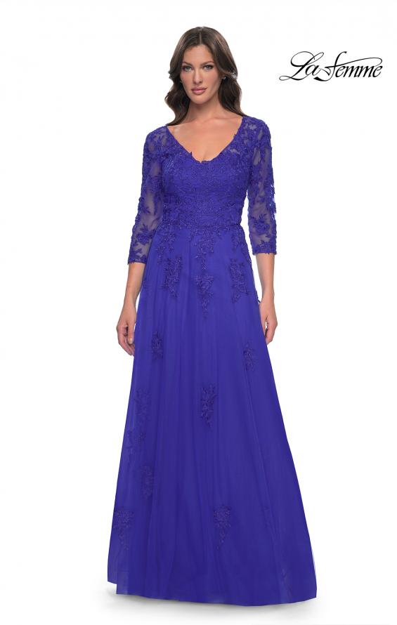 Picture of: Tulle and Lace A-Line Dress with V Neckline in Royal Blue, Style: 30398, Detail Picture 1