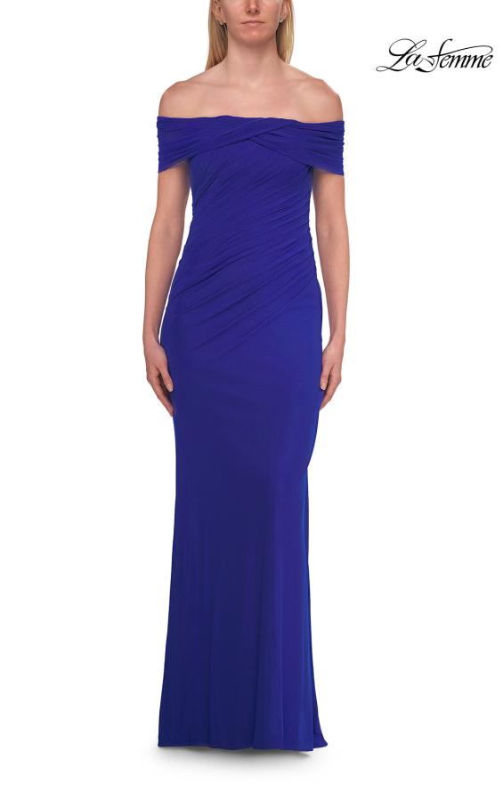Picture of: Off-the-Shoulder Ruched Jersey Gown in Royal Blue, Style: 33273, Detail Picture 1