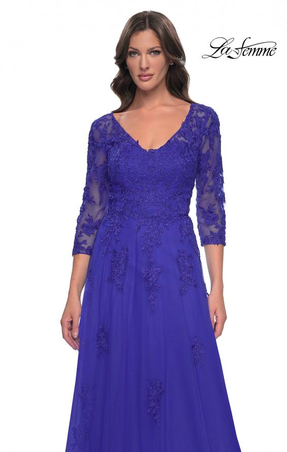 Picture of: Tulle and Lace A-Line Dress with V Neckline in Royal Blue, Style: 30398, Detail Picture 7