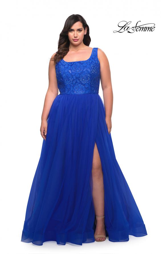 Picture of: A-line Tulle and Lace Plus Size Gown with Slit in Royal Blue, Style: 29070, Main Picture
