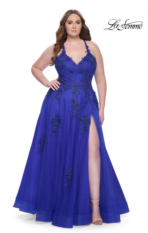 Picture of: A-Line Tulle Plus Dress with Lace Applique and Tie Back in Royal Blue, Style: 31378, Main Picture
