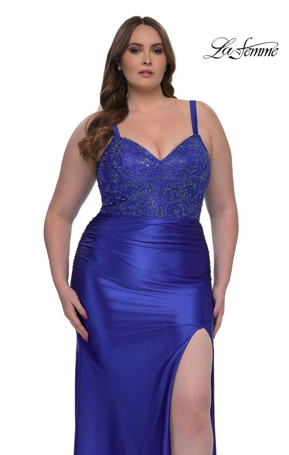 Picture of: Stretch Satin Plus Dress with Beautiful Rhinestone Designed Bodice in Royal Blue, Style: 32430, Main Picture