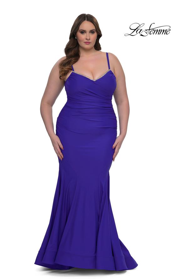 Picture of: Chic Plus Size Dress with Ruching and Rhinestone Neckline Detail in Royal Blue, Style: 33057, Main Picture