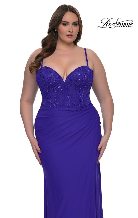 Picture of: Plus Size Prom Dress with Lace Corset Top and Jersey Skirt in Royal Blue, Style: 32449, Detail Picture 10